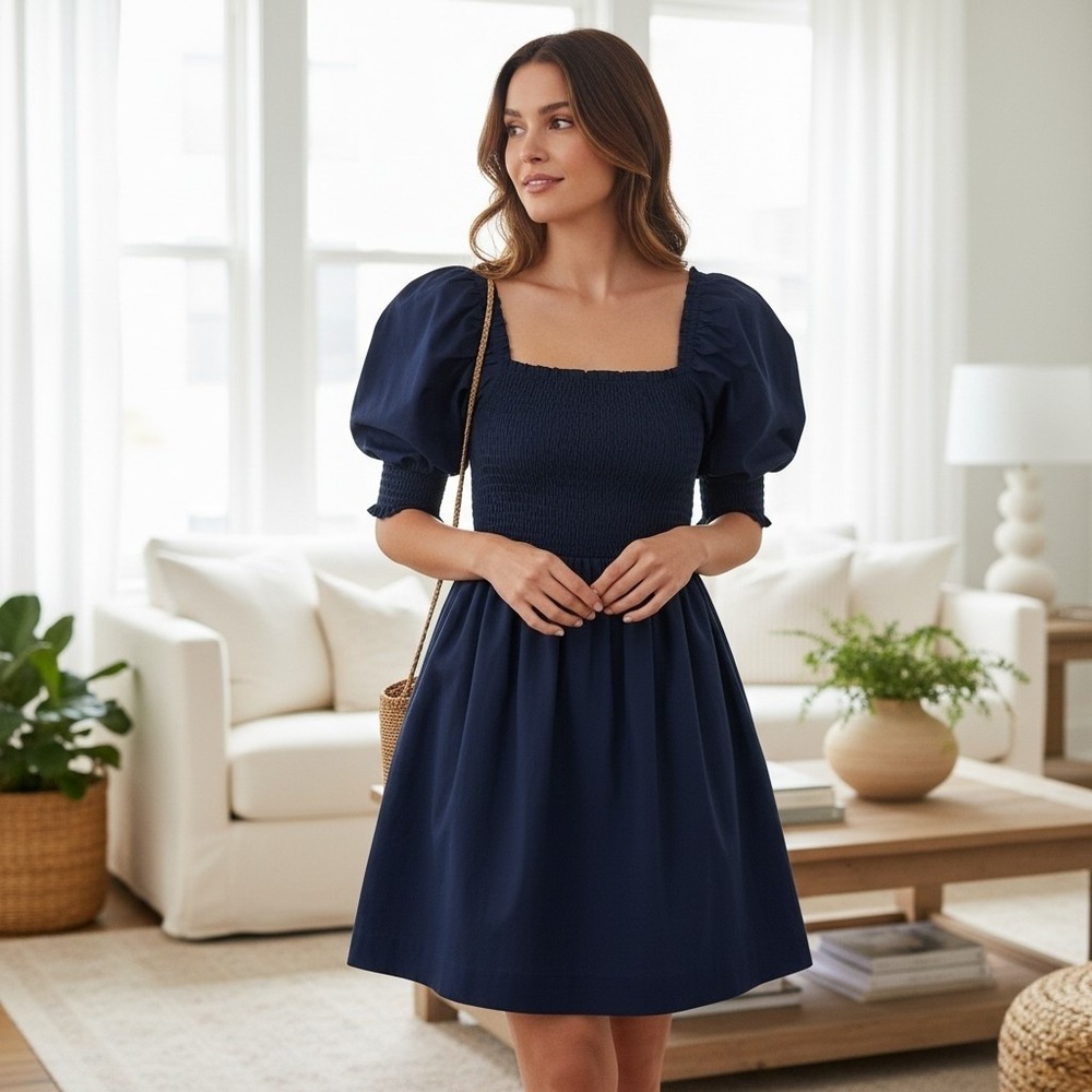 Hill House Home Athena‎ Nap Dress S Navy Cotton Smocked Puff Sleeve Babydoll